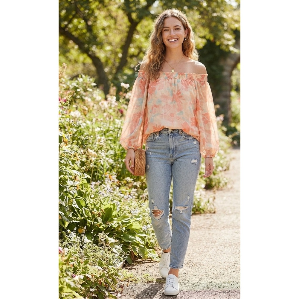 LC Lauren Conrad Floral Off The Shoulder Blouse Peach Coral Large